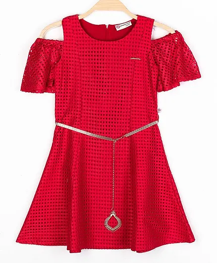Peppermint Short Sleeves A-Line Silhouette Self Fabric Dress - Red