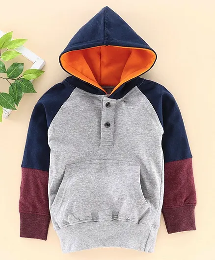 Rikidoos Raglan Full Sleeves Colour Block Pattern Hoodie - Grey