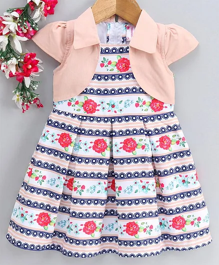 Rassha Short Sleeves Flower Print Shrug Attached Dress - Blue