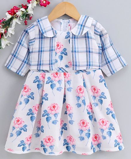 Rassha Half Sleeves Shrug Attached Flower Print Dress - Blue