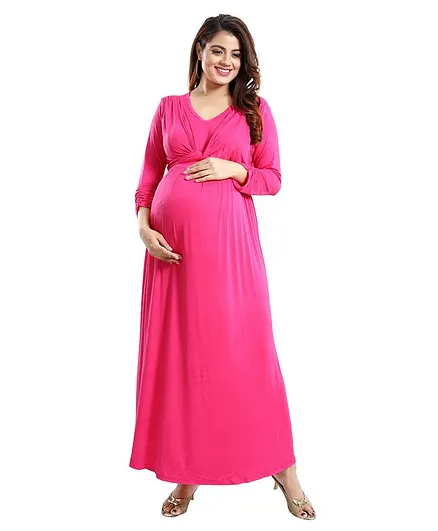 Mamma's Maternity Full Sleeves Solid Colour Dress - Pink