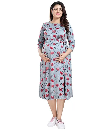 Mamma's Maternity Three Fourth Sleeves Floral Printed Rayon Maternity & Feeding & Nursing Dress - Grey