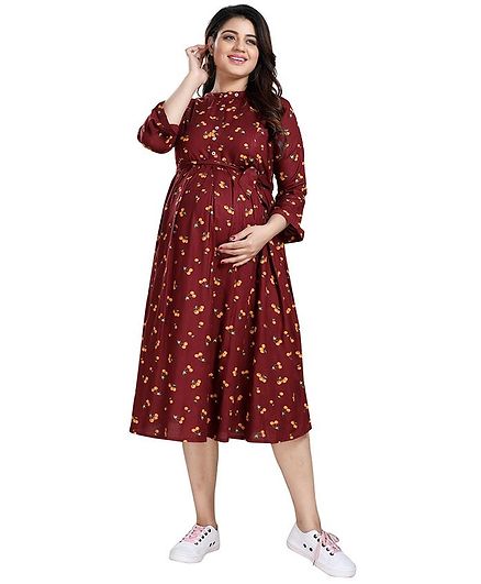 Mamma's Maternity Three Fourth Sleeves Cherry Printed Rayon Maternity & Feeding & Nursing Dress - Maroon