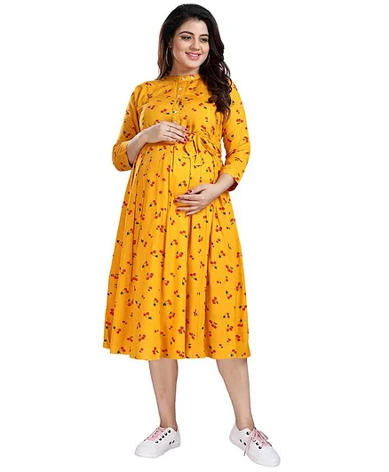 Mamma's Maternity Three Fourth Sleeves Cherry Print Rayon Maternity & Feeding & Nursing Dress - Yellow