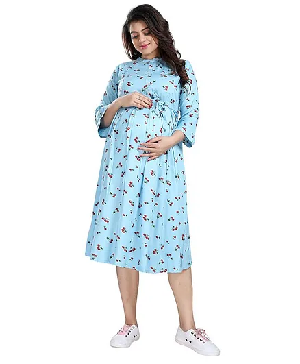Mamma's Maternity Three Fourth Sleeves Cherry Printed Rayon Maternity & Feeding & Nursing Dress - Sky Blue