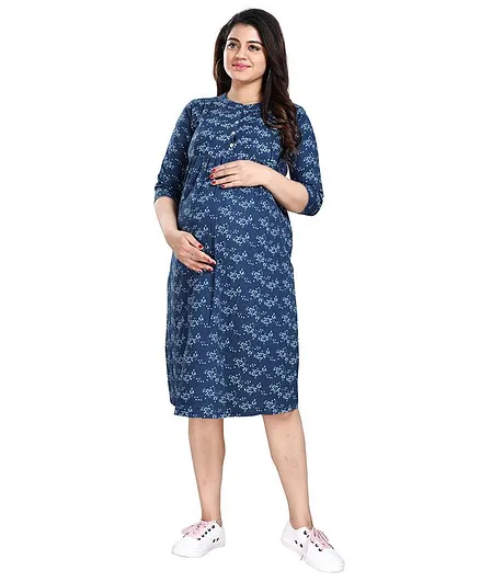 Mamma's Maternity Three Fourth Sleeves Triangle Printed Printed Denim Maternity & Feeding & Nursing Dress - Blue Printed