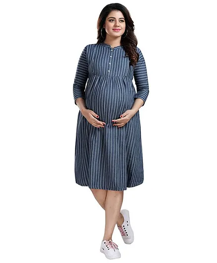 Mamma's Maternity Three Fourth Sleeves Striped Denim Maternity & Feeding & Nursing Dress - Blue Strip