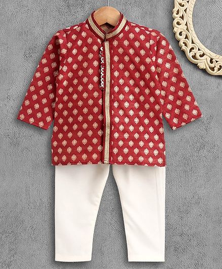 Dapper Dudes Full Sleeves Jacquard Kurta & Pajama Set - Maroon