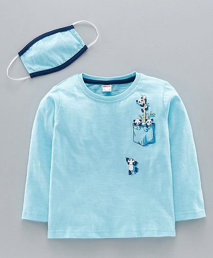 Ojos Full Sleeves Tee with Mask Panda Print - Blue