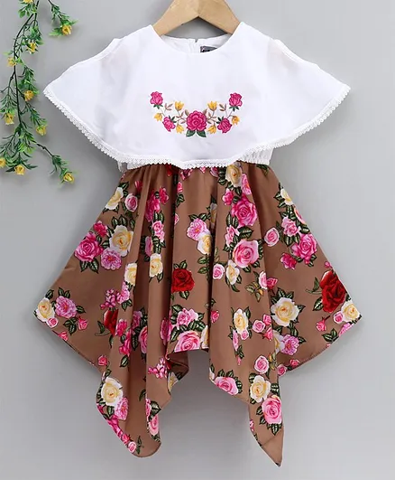 Enfance Core Half Sleeves Rose Flower Printed Asymmetrical Dress - Brown