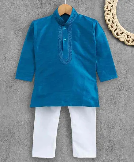Ridokidz Full Sleeves Solid Colour Kurta & Pajama Set - Blue