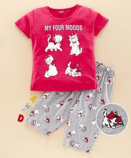 Doreme Half Sleeves Capri Night Suit Kitten Print - Pink Grey