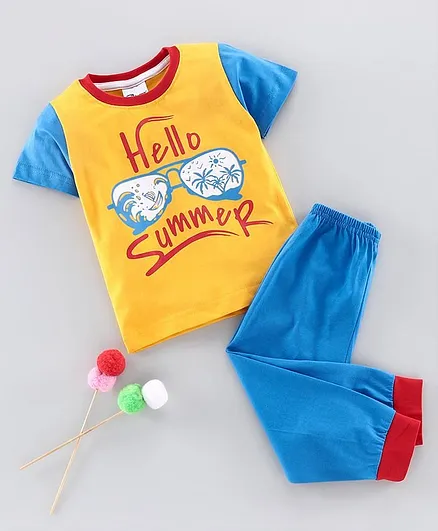Eteenz Half Sleeves Tee & Lounge Pant Set Beach Print - Yellow