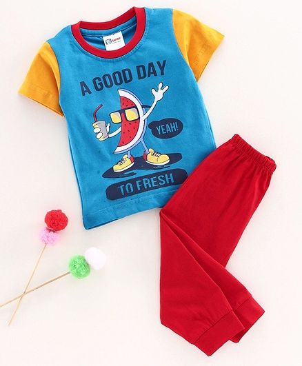 Eteenz Half Sleeves Tee & Lounge Pant Set Watermelon Print - Blue