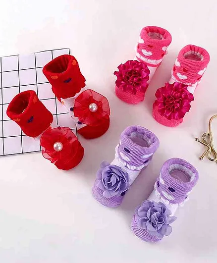 Cute Walk by Babyhug Socks Shoes Pack of 3 - Red Purple