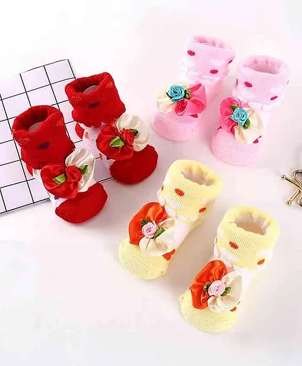 Cute Walk by Babyhug Socks Shoes Pack of 3 - Red Yellow Pink