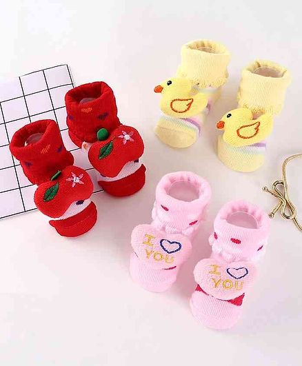 Cute Walk by Babyhug Socks Shoes Pack of 3 - Red Pink Yellow
