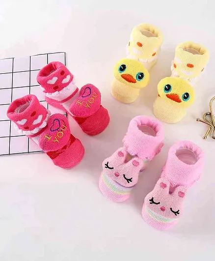 Cute Walk by Babyhug Socks Shoes Pack of 3 - Red Pink Yellow