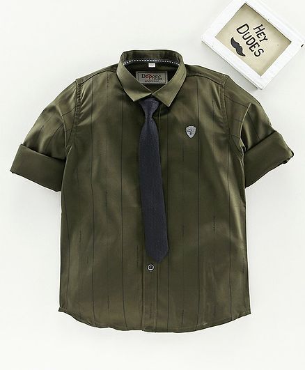 Dapper Dudes Full Sleeves Stripes Shirt With Tie - Olive