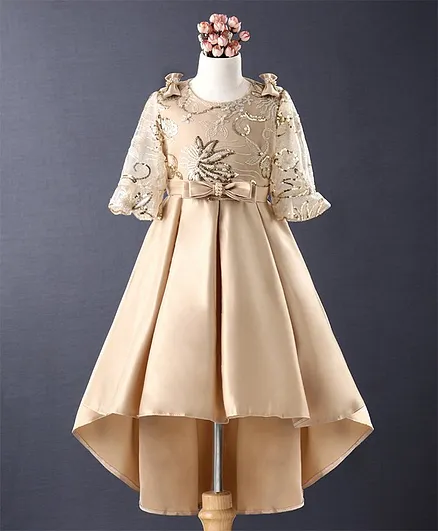 Mark & Mia Full Sleeves Party High Low Frock Sequin Embroidered - Light Brown