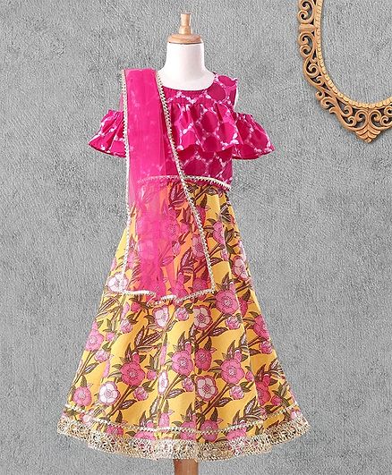 Pspeaches Cold Shoulder Half Sleeves Choli With Flower Print Lehenga & Dupatta Set - Red Yellow