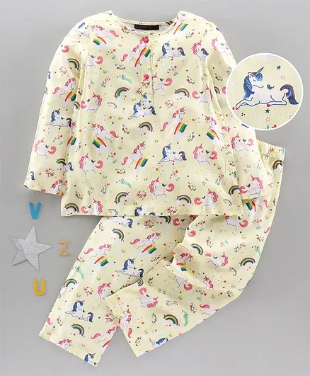 Pspeaches Unicorn Print Full Sleeves Night Suit - Cream