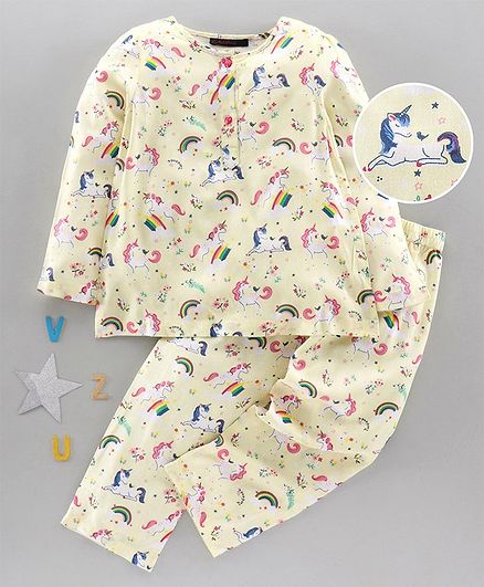 Pspeaches Unicorn Print Full Sleeves Night Suit - Cream