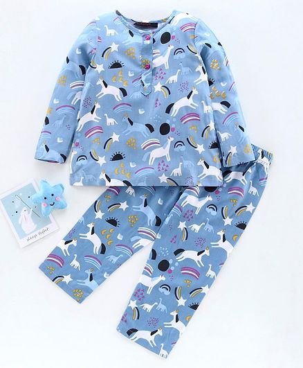 Pspeaches Animals Print Full Sleeves Night Suit - Blue