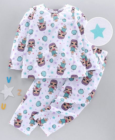 Pspeaches Girl Print Full Sleeves Night Suit - White