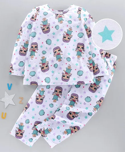 Pspeaches Girl Print Full Sleeves Night Suit - White