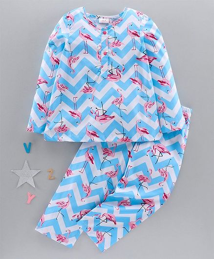Pspeaches Flamingo Print Full Sleeves Night Suit - Blue