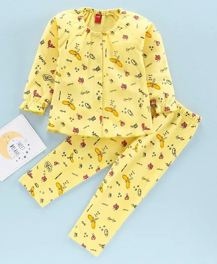 Wow Full Sleeves Night Suit Dragonfly Print - Lemon Yellow