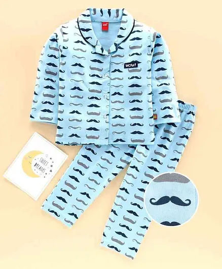 Wow Full Sleeves Night Suit Moustache Print - Light Blue