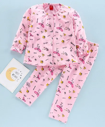 Wow Full Sleeves Night Suit Dragonfly Print - Pink