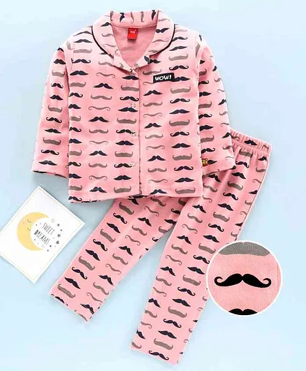 Wow Full Sleeves Night Suit Moustache Print - Peach