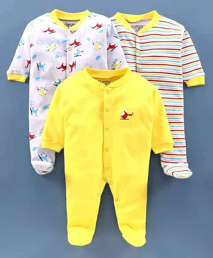Bumzee Pack of 3 Full Sleeves Helicopter Printed Footed Sleep Suits - Yellow