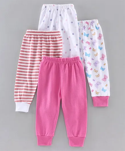 Bumzee Pack Of 4 Full Length Butterflies Printed Ribbed Pajamas - Pink & White