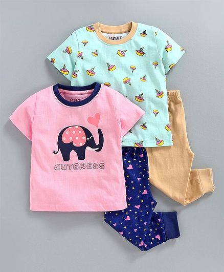 Bumzee Half Sleeves Baby Elephant Print Pack Of 2 Tee & 2 Bottom Set - Pink & Blue