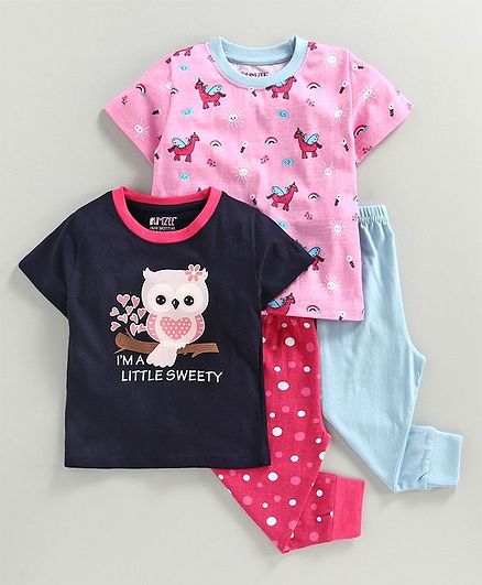Bumzee Half Sleeves Owl Print Pack Of 2 Tee & 2 Bottom Set - Pink & Blue