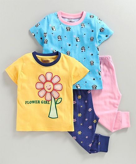 Bumzee Half Sleeves Panda Print Pack Of 2 Tee & 2 Bottom Set - Yellow & Blue