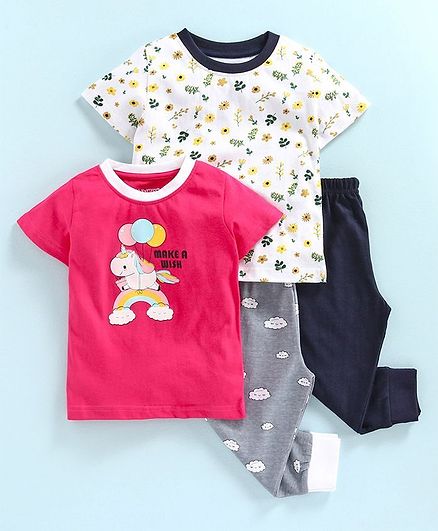 Bumzee Half Sleeves Make A Wish Print Pack Of 2 Tee & 2 Bottom Set - Pink & White