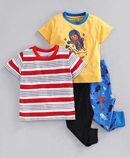 Bumzee Half Sleeves Astronaut Print Pack Of 2 Tee & 2 Bottom Set - Yellow & Red