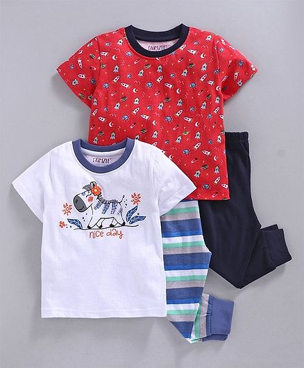 Bumzee Half Sleeves Baby Zebra Print Pack Of 2 Tee & 2 Bottom Set - White & Red