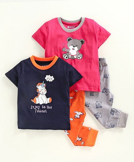 Bumzee Half Sleeves Unicorn Print Pack Of 2 Tee & 2 Bottom Set - Navy & Pink