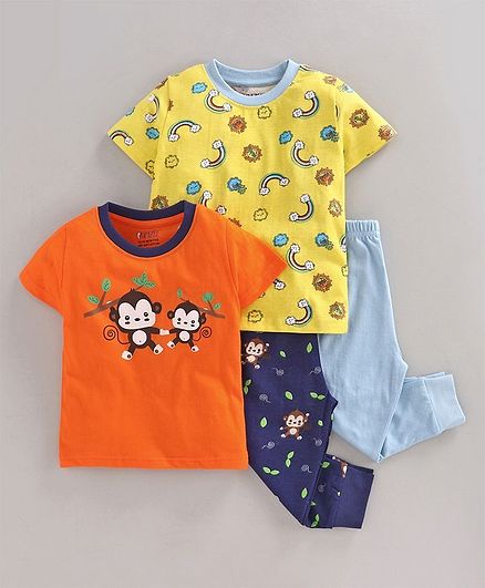 Bumzee Pack Of 2 Full Sleeves Monkey & Unicorn Printed Tee & Bottoms Set - Orange & Yellow