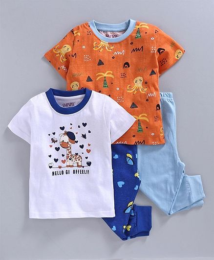 Bumzee Half Sleeves Baby Giraffe Print Pack Of 2 Tee & 2 Bottom Set - White & Orange