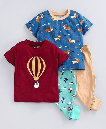 Bumzee Half Sleeves Hot Air Balloon Print Pack Of 2 Tee & 2 Bottom Set - Navy & Maroon