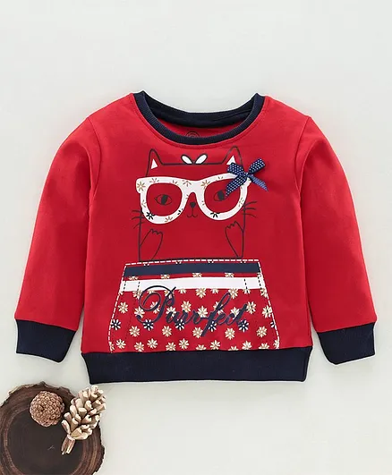Tambourine Cat Print Full Sleeves Sweatshirt - Red