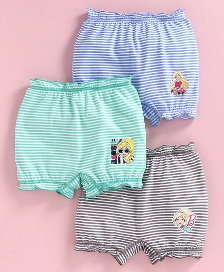 Red Rose Cotton Striped Bloomer Barbie Print Pack of 3 - Green Blue Grey