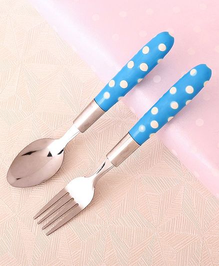 Stainless Steel Polka Dot Spoon & Fork Set - Blue